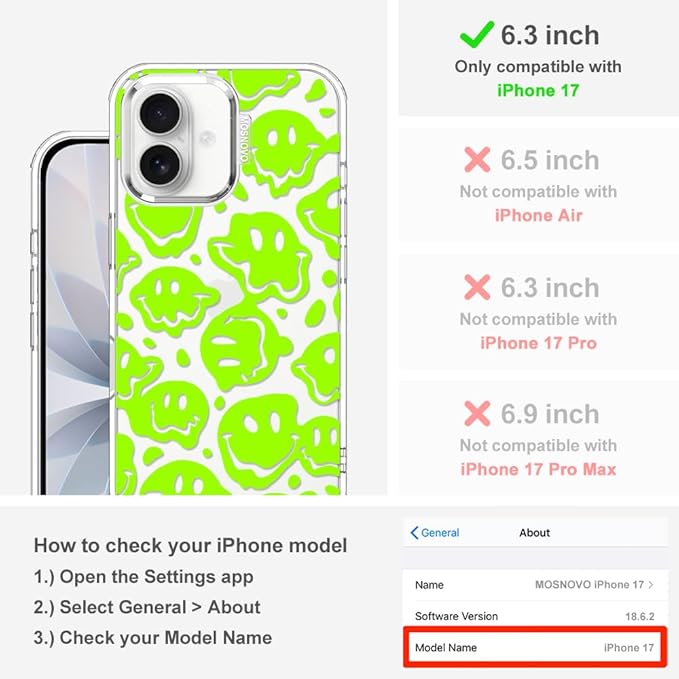 MOSNOVO for iPhone 17 Case | Military Grade 6.6ft Drop Tested | Camera Control | Clear with Distorted Green Smiles Face Design