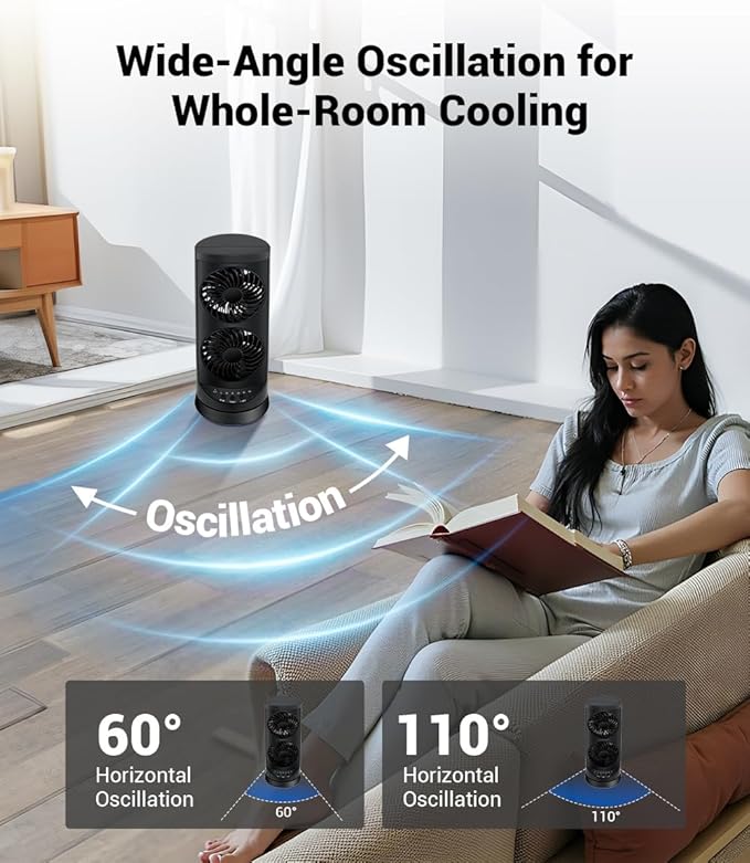 Personal Tower Fan for Bedroom, Portable Desk Table Fan，3 Speeds Cooling Standing Fan with 12H Timer, 60° & 110° Oscillating Floor Tower Fans That Blows Cold Air for Bedroom Office,Dark Grey