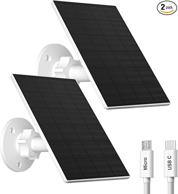 2W Solar Panel for Security Camera Outdoor, USB/USB-C Charger with IP65 Waterproof, 360° Adjustable Mount & 7.2ft Cable, Compatible with Rechargeable Battery Cameras (2 Pack, White)