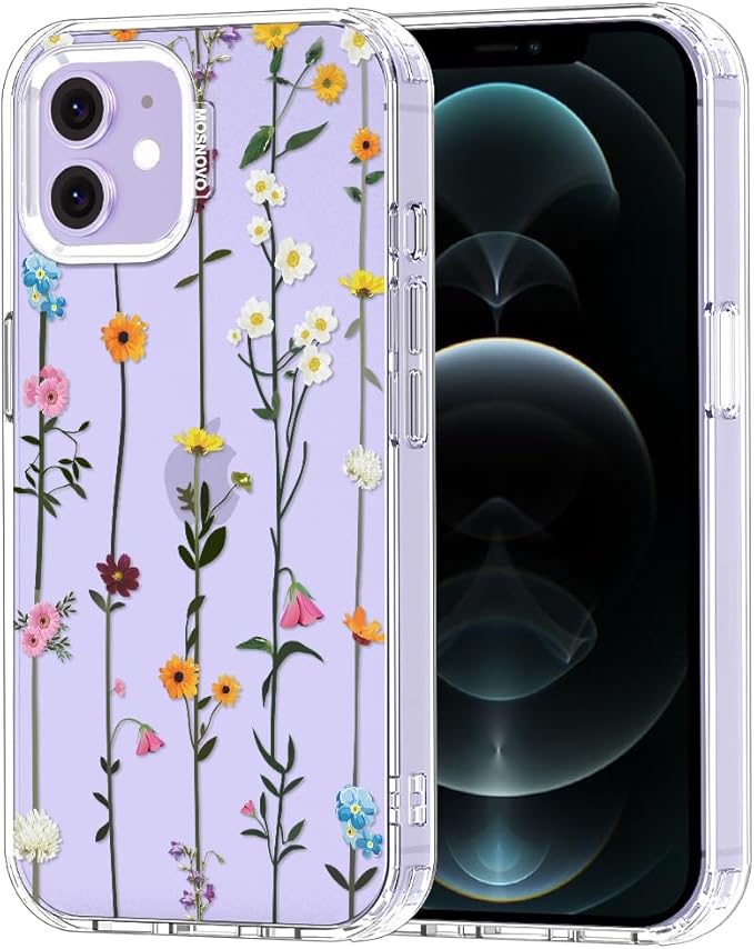 MOSNOVO Case for iPhone 12 & iPhone 12 Pro, [Buffertech 6.6ft Military-Grade Drop Protection] [Anti Peel Off Tech] Clear TPU Bumper Phone Case Cover Design - Wildflowers