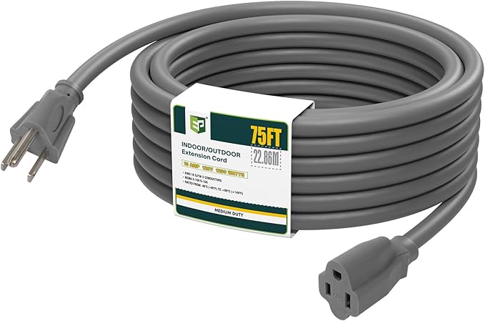 EP 75 Ft Outdoor Extension Cord - 16/3 SJTW Gray Electrical Cable with 3 Prong Grounded Plug, UL Listed