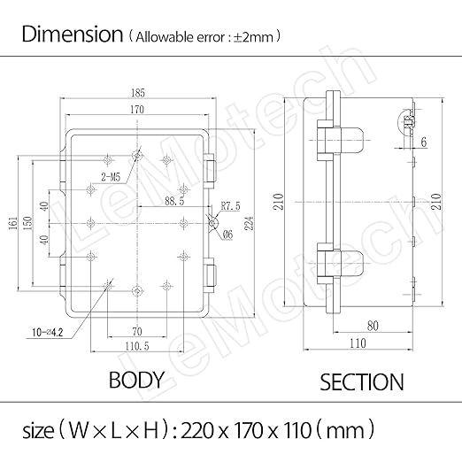 Junction Box ABS Plastic IP65 Waterproof Dustproof Universal Electrical Enclosure, Hinged Shell Outdoor and Indoor Usage Project Box, 8.7"x 6.7" x 4.3"(220x170x110mm), Grey