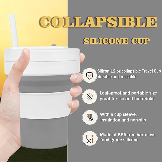 12 OZ Collapsible Travel Cup with Lid,Silicone Foldable Drinking Cup for Camping Hiking,Portable Silicone Water Bottle for Hot and Cold Beverages with Straw- Grey & White