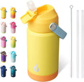BJPKPK Insulated Water Bottle with Straw Lid, 12oz Thermo Water Bottles with Soft Nozzle, Flex Handle & Non-slip Boot, BPA Free Leak Proof Stainless Steel Metal Thermo, Tumblers, Cups,Yellow