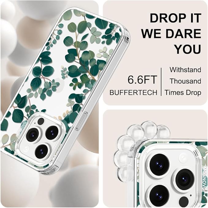 MOSNOVO Case for iPhone 14 Pro, [Buffertech 6.6ft Military-Grade Drop Protection] [Anti Peel Off Tech] Clear TPU Bumper Phone Case Cover Design - Eucalyptus