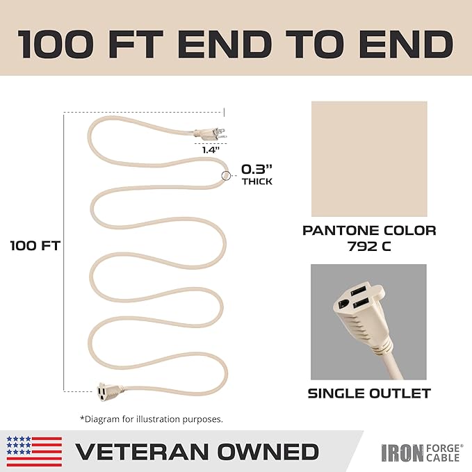 Iron Forge Cable Weatherproof 100 Ft Outdoor Extension Cord - 16/3 SJTW Heavy Duty Light Brown Extension Cord 3 Prong - 10 Amp Exterior Power Cable
