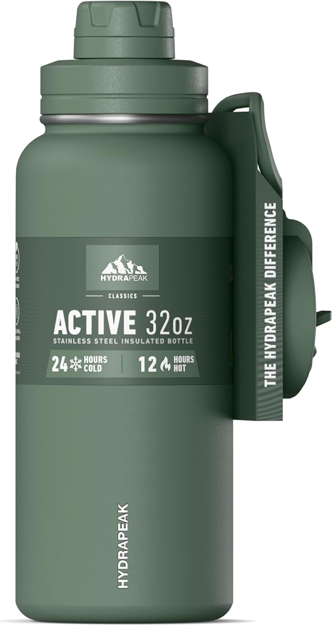Hydrapeak 32oz Sport Insulated Water Bottle with Straw & Chug Lid, Leak & Spill Proof, Keeps Drinks Cold for 24 Hours, Hot for 12 Hours, Premium Stainless Steel Water Bottles (32oz, Sage Leaf)