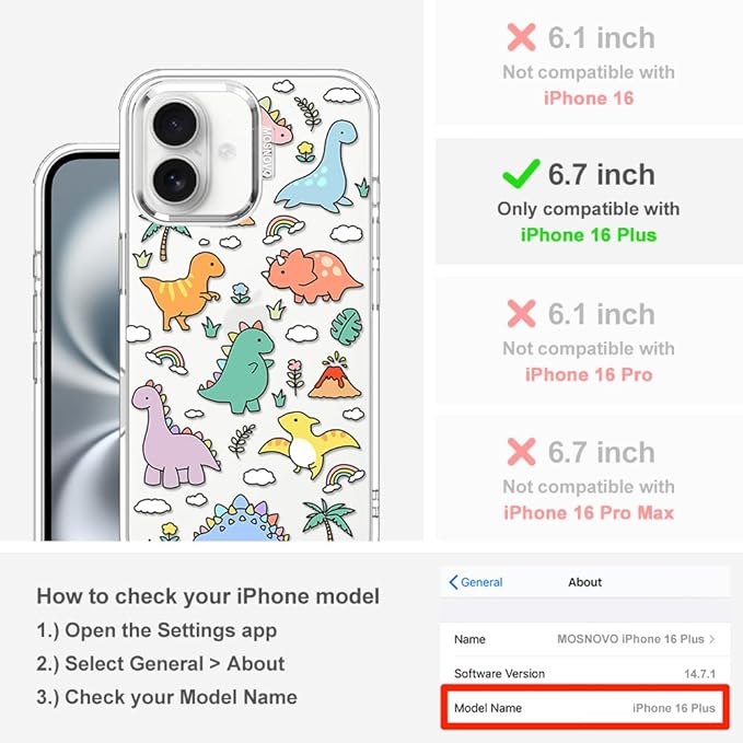 MOSNOVO Case for iPhone 16 Plus, [Buffertech 6.6ft Military-Grade Drop Protection] [Anti Peel Off Tech] Clear TPU Bumper Phone Case Cover Design - Dinosaur Land