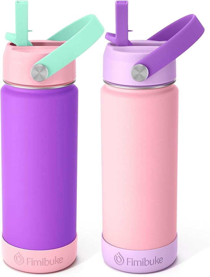 Fimibuke Kids Insulated Water Bottle - 18oz BPA-FREE 18/8 Stainless Steel Kids Cup with Straw Travel Tumbler Leak Proof Double Wall Vacuum Toddler Water Bottle for School Boys Girls（2 Pack, Macaron）