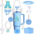 9pcs Stanley Cup Accessories Set- for 30oz 40oz Tumblers with Handle - Bule Kit Includes Bow Straw Topper and Boot, Charm, Pearl Handle Strap & Stickers - Aesthetic Girl Gifts (A)