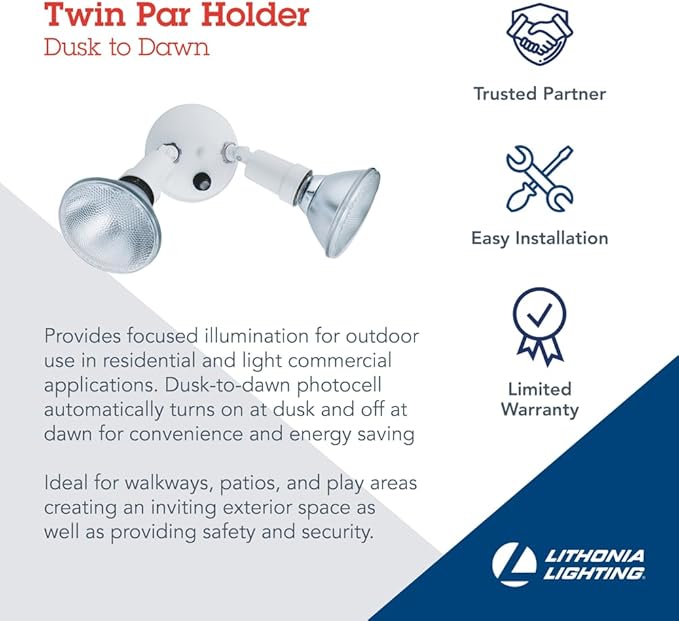 Lithonia Lighting Adjustable Dusk Dawn Security Light, Twin Par Outdoor Flood Light Holder, Photocell Sensor, 120 Volts, Uses 2 Lamps Up to 150W (Not Included), White (OFTH 300PR 120 P WH M12)