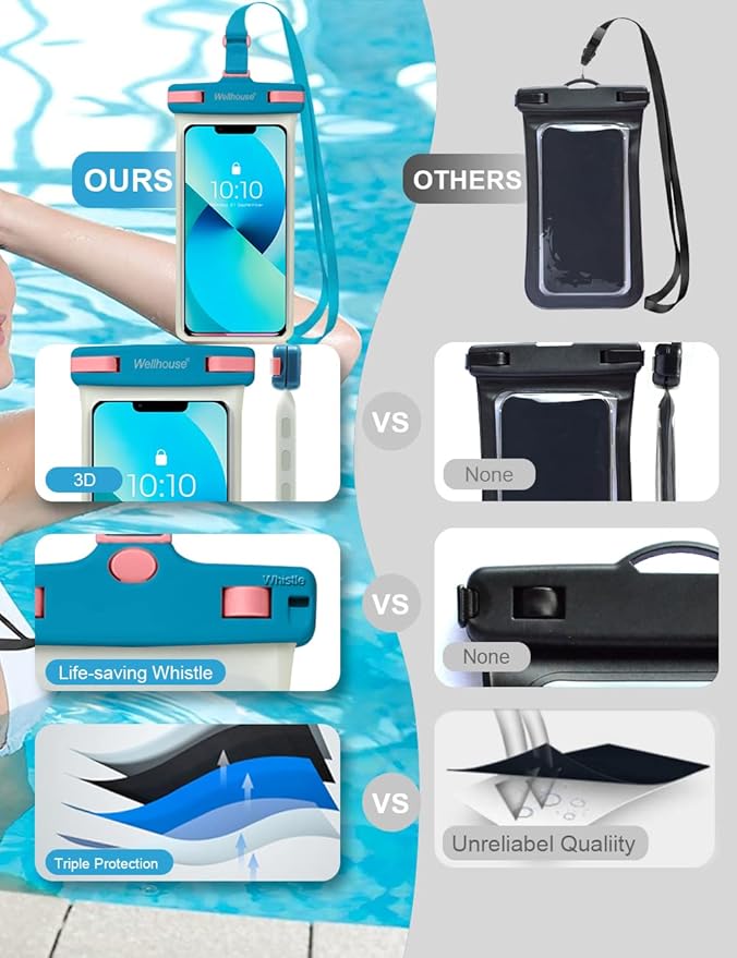 wellhouse Waterproof Phone Pouch, Waterproof Phone Case for iPhone 17 16 15 14 13 Pro Max XS Samsung, IPX8 3D Cellphone Dry Bag Beach Essentials (1 Pack - Luminous Blue7.0, 7 inch)