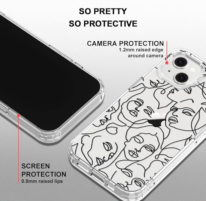 MOSNOVO for iPhone 13/14 Case | Military Grade 6.6ft Drop Tested | Clear with Abstract Face Line Art Design