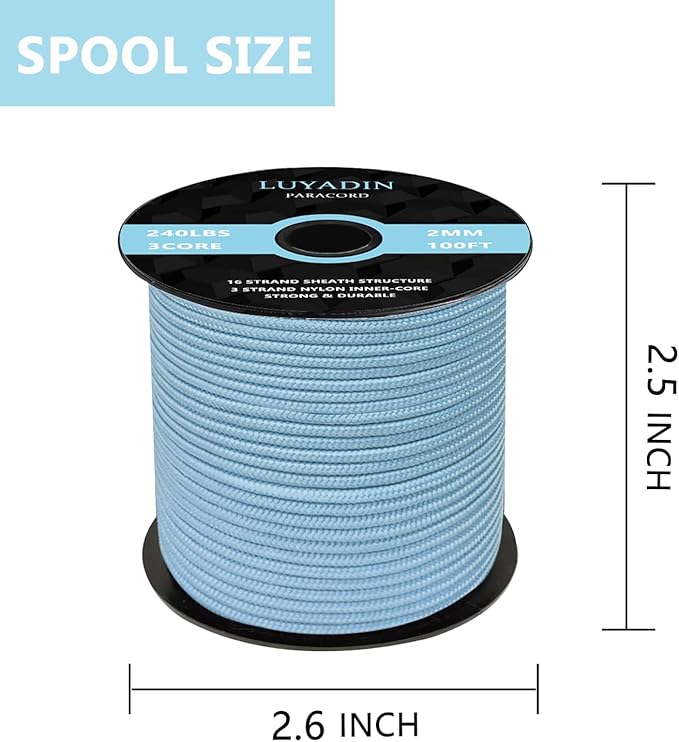 Paracord 240lb - Diameter 2mm Micro Utility Cord -3 Strand Parachute Spool Cord - 100ft 200ft,Paracord for Camping,Hiking,Fishing,Outdoor and DIY