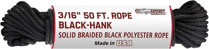 Rope Ratchet 3/16" 50 ft Braided Polypropylene Utility Cord, Weather Resistant Indoor Outdoor for Gardening, DIY Projects, Securing Loads, Binding, Knot Tying, Tarp Use, 110 lb Capacity - Black