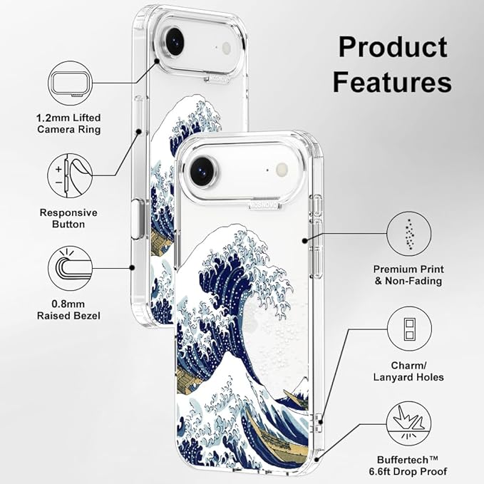MOSNOVO for iPhone Air Case | Military Grade 6.6ft Drop Tested | Camera Control | Clear with Great Wave Design