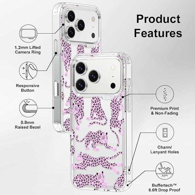 MOSNOVO for iPhone 17 Pro Case | Military Grade 6.6ft Drop Tested | Camera Control | Clear with Pink Leopard Design