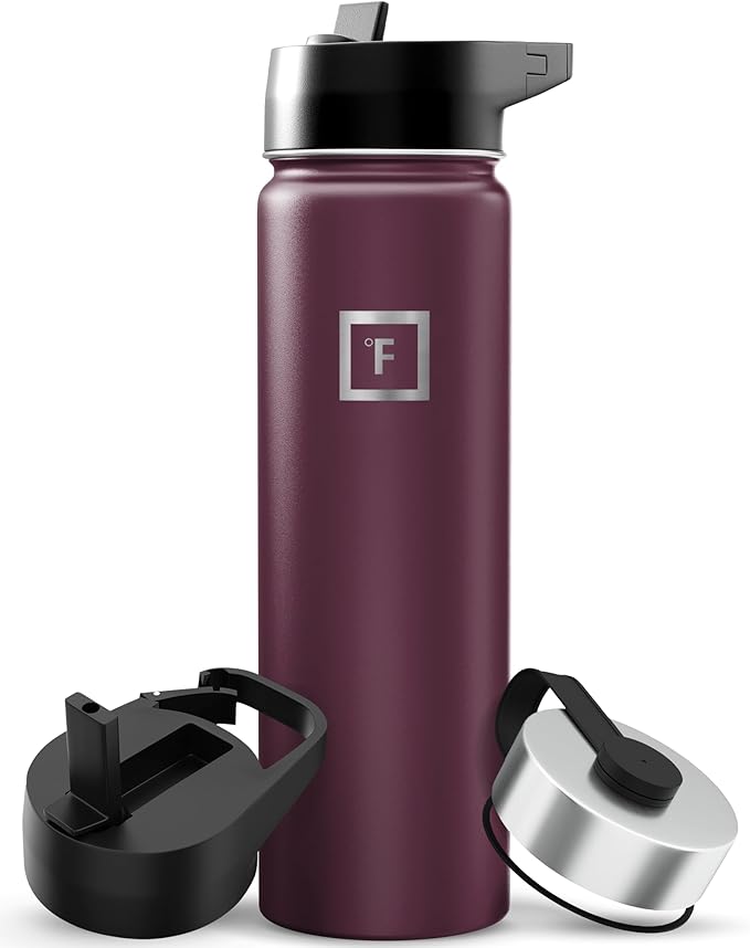 IRON °FLASK Camping & Hiking Hydration Flask with Straw, Wide Mouth Insulated Stainless Steel Sports Water Bottle - 22 oz Burgundy