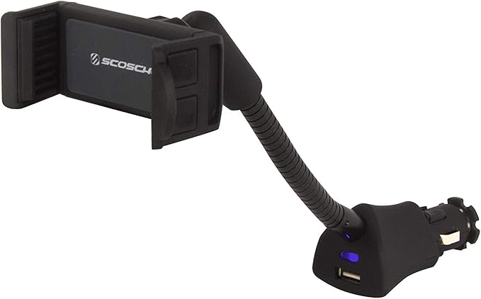 Scosche H12VFXM PowerMount Phone Mount for Car | 12V Charger for Vehicle's Power Port | 7.5 Watts | Flexible Mount Arm| Black