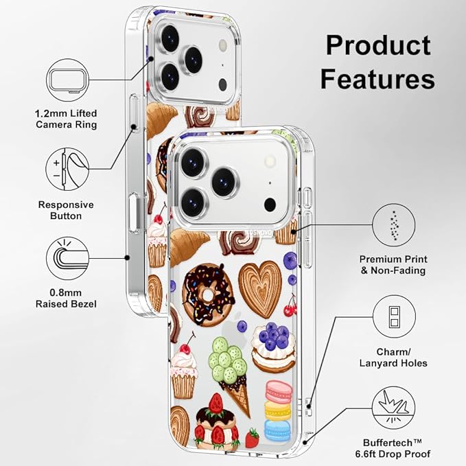 MOSNOVO for iPhone 17 Pro Case, Shockproof Military-Grade Protection 6.6ft Drop Tested, Camera Control, Clear Phone Case for iPhone 17 Pro, Sweet Treats Design