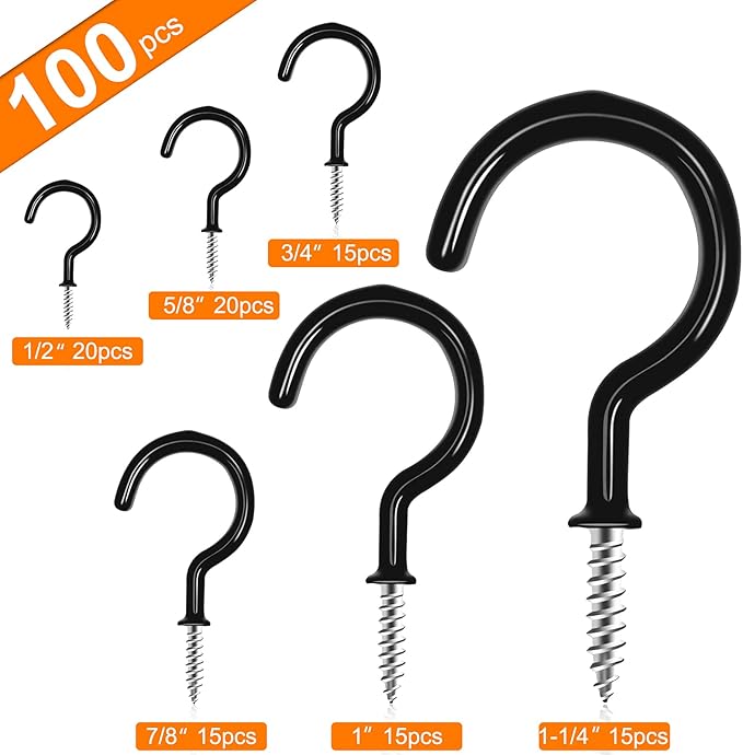 100 PCS Screw in Cup Hooks,6 Size Vinyl Coated Screw Hooks,Multipurpose Ceiling Hook Wind Chimes Kitchen Cup Hook for Hanging Indoor & Outdoor Use(Black)