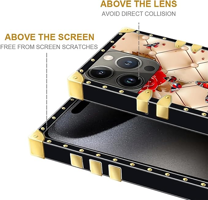 Compatible with iPhone 16 Pro Max Case, Shining Red Rose Butterfly Leather Background Luxury Golden Decoration for Girl Women Soft TPU Shockproof Protective Hard PC Back