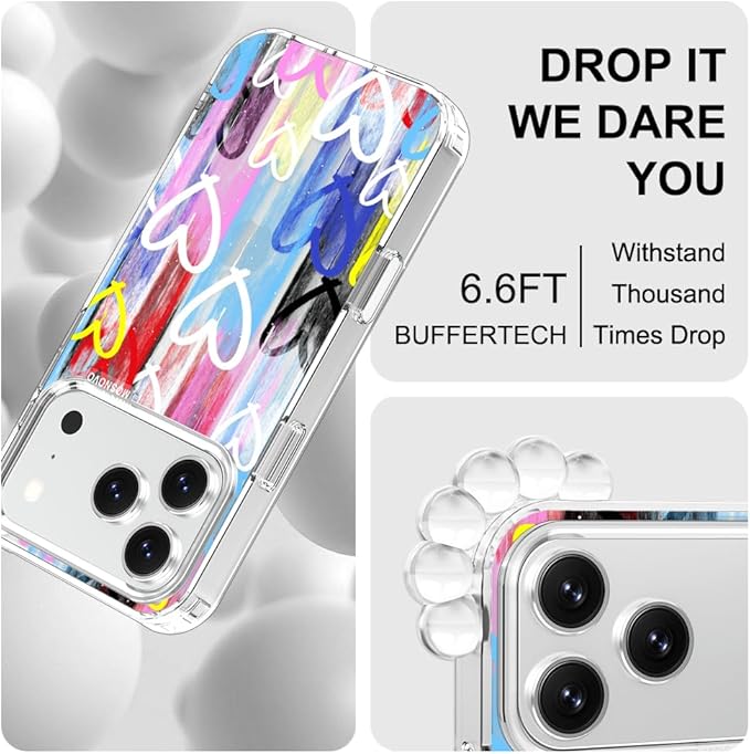 MOSNOVO for iPhone 17 Pro Case, Shockproof Military-Grade Protection 6.6ft Drop Tested, Camera Control, Clear Phone Case for iPhone 17 Pro, Graffiti Hearts Design
