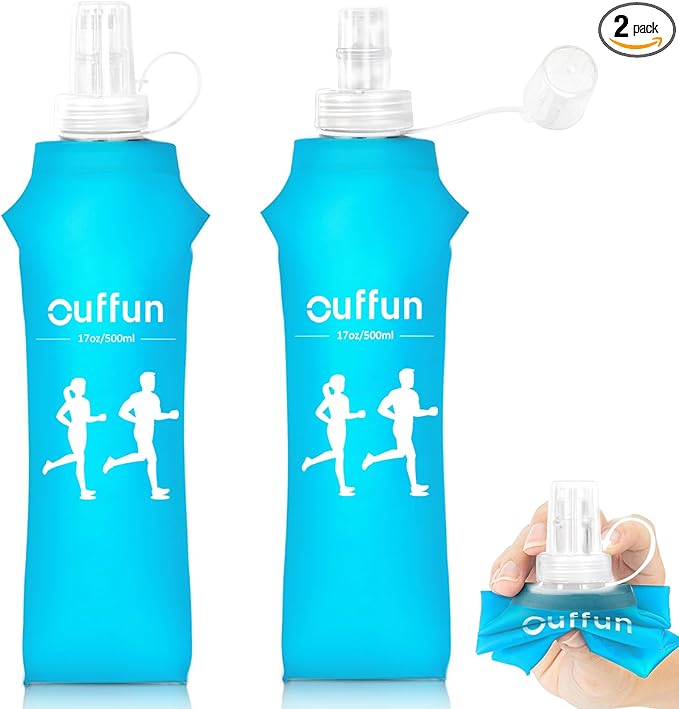 2 Pack Soft Water Bottle, TPU Collapsible Flask Foldable Bottles for Hydration Pack, BPA-Free, Running Lightweight Water Bottle for Outdoor Sports like Hiking Cycling Climbing Running (17OZ/500ml)
