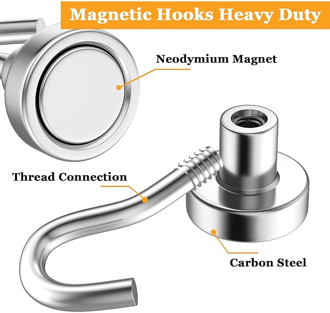 MIN CI Magnetic Hooks Heavy Duty, 35lb+ Strong Magnetic Wall Hooks for Hanging, Neodymium Metal Magnets with Hooks Large Magnetic Hooks, for Classroom Cruise Fridge Kitchen, Pack of 12