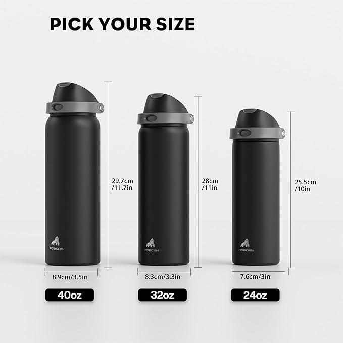 POWCAN 32 oz Stainless Steel Water Bottle for Sports: One-hand Push Button Lid, Leakproof, Keep Cold 24Hrs, Stainless Steel Cup with Straw for Camping, Outdoors, Workout, Travel (Midnight Black)