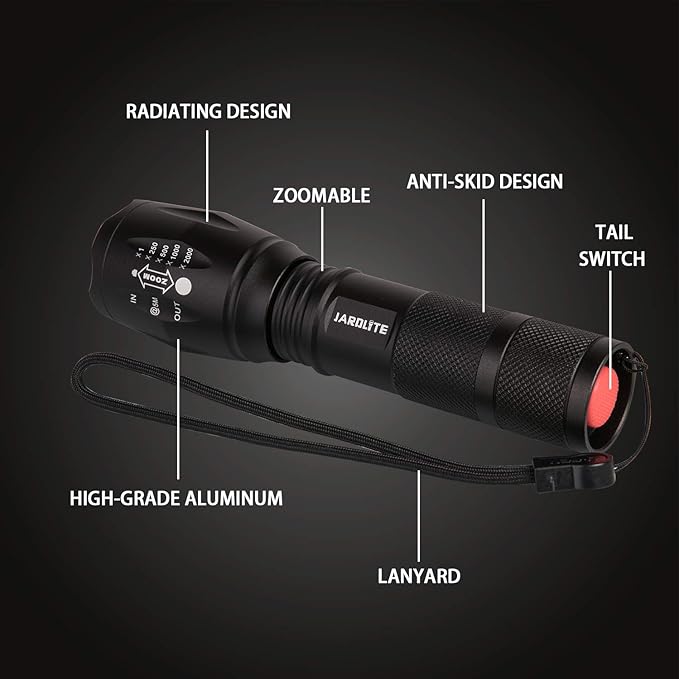 JARDLITE 8 Pack LED Emergency Handheld Flashlight, Adjustable Focus, Water Resistant with 5 Modes, Best Tactical Torch for Hurricane, Camping, Dog Walking