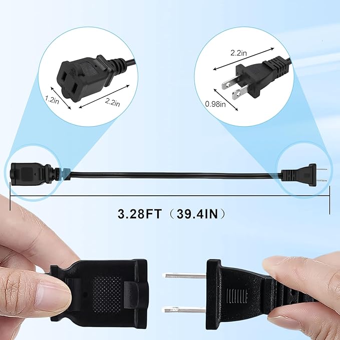 3 FT Extension Cord,2-Prong Small and Thin Extension Cords Male-Female Power Cable for NEMA 1-15P to NEMA 1-15R Cable Polarity,Short Extension Cord Black