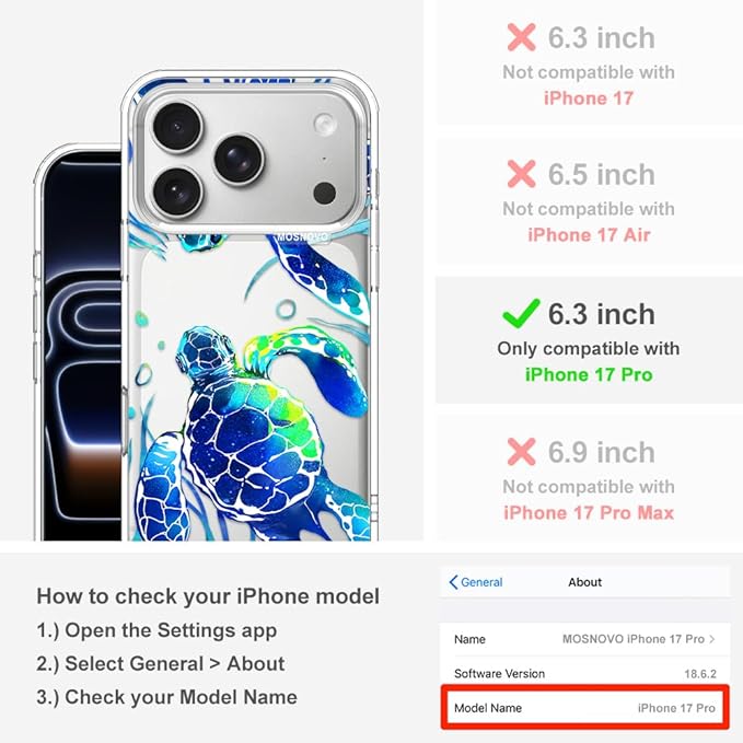 MOSNOVO for iPhone 17 Pro Case | Military Grade 6.6ft Drop Tested | Camera Control | Clear with Sea Turtles Design
