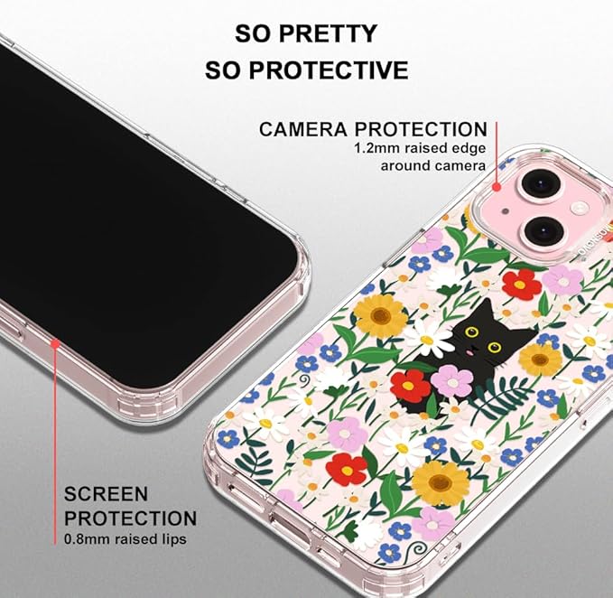 MOSNOVO Case for iPhone 15, [Buffertech 6.6ft Military-Grade Drop Protection] [Anti Peel Off Tech] Clear TPU Bumper Phone Case Cover Design - Black Cat in Garden