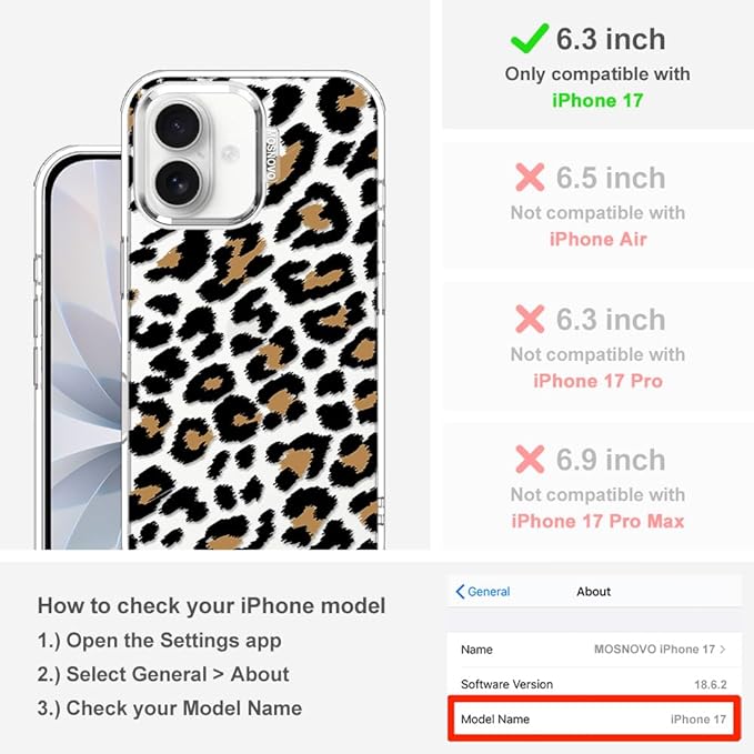 MOSNOVO for iPhone 17 Case | Military Grade 6.6ft Drop Tested | Camera Control | Clear with Leopard Print Design