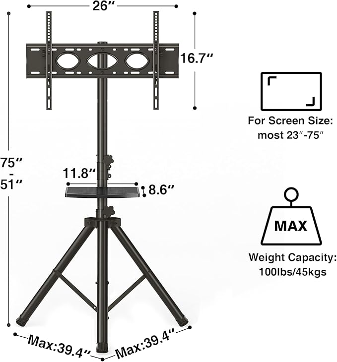 Tripod TV Stand with Shelf for 23-75 inch TVs up to 100 lbs, Outdoor TV Stand with ±15° Tilt, Height Adjustable Portable TV Tripod with Safety Design, Max VESA 600x400m