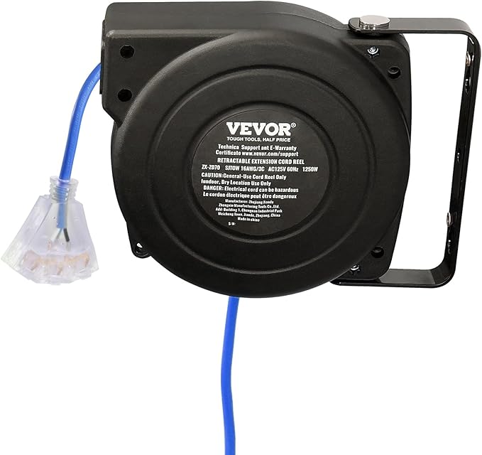 VEVOR Retractable Extension Cord Reel, 30 FT, Heavy Duty 16AWG/3C SJTOW Retractable Power Cord Reel with Lighted Triple Tap Outlet 10 Amp Circuit Breaker, for Ceiling or Wall Mount, Blue