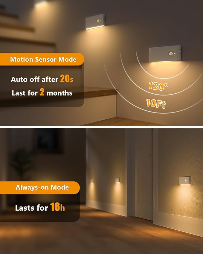 WILLED Rechargeable Night Light, Warm White Stair Lights Indoor, Wireless Motion Sensor Night Light, Stick On Lights for Stairs, Hallway, Stairway, Bathroom, Bedroom, Kitchen, 10 Pack