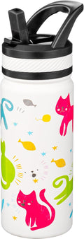 Fanhaw 18 Oz Kids Insulated Water Bottle with Straw - Stainless Steel Double Wall Vacuum Cup, Leakproof, BPA Free, Suitable for Boys and Girls(White - Cats)