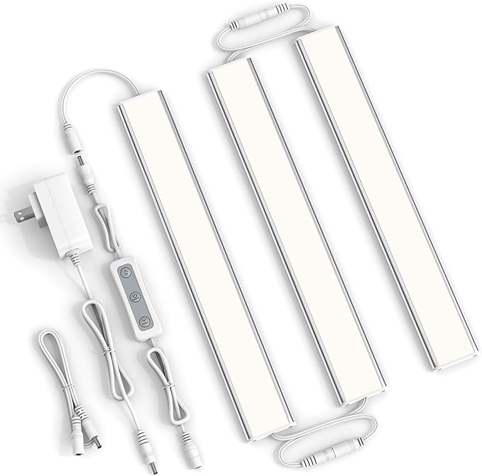 ASOKO Under Cabinet Led Light Plug in, Dimmable Daylight White 4000K, 3 Pack 12 inch Linkable Under Counter Lights 1500lm for Kitchen, Shelf, Workbench, Cupboard, Upgrade ETL Listed Plug 24V