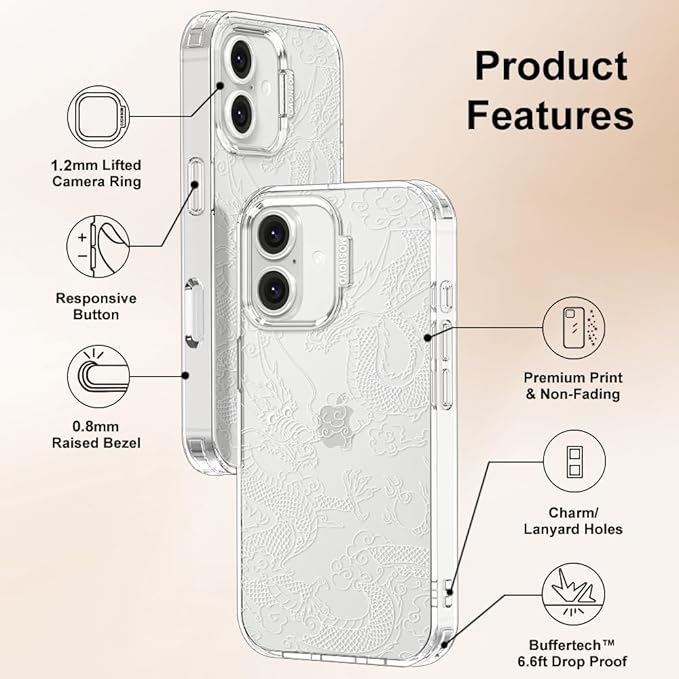 MOSNOVO Case for iPhone 16, [Buffertech 6.6ft Military-Grade Drop Protection] [Anti Peel Off Tech] Clear TPU Bumper Phone Case Cover Design - White Dragon