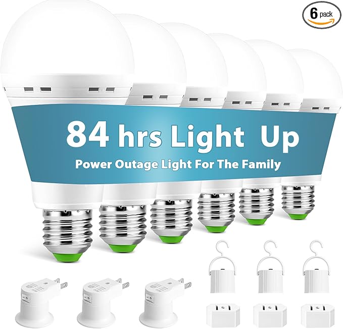 Emergency Rechargeable Light Bulbs, Battery Powered LED Light Bulb Daylight E26 12W 60W Equivalent with 1500mAh for Home Power Outage Camping Hiking(6 Bulbs,3 Plug Caps, 3 Hooks,3 socket adapter)
