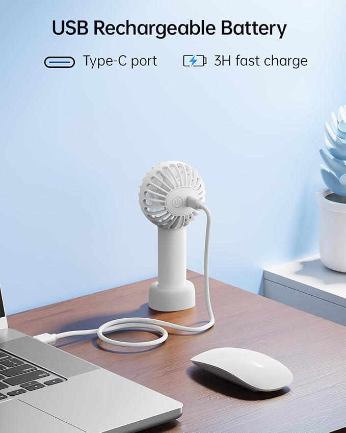 SWEETFULL Mini Portable Fan - Rechargeable Handheld Fan, 3 Speeds Personal Hand Gifts for Travel Essentials, Lash, Makeup, Eyelash, Kids, Girls, Women - USB, Cute Design White
