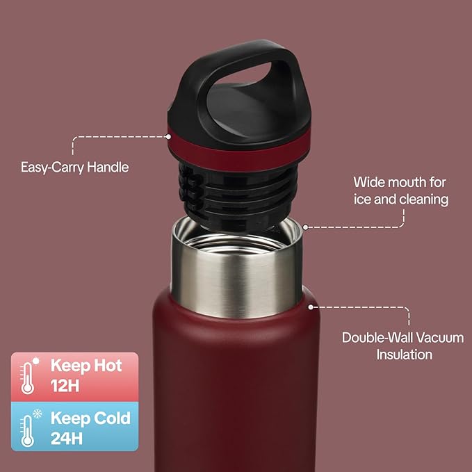 BJPKPK Insulated Water Bottle 18OZ Stainless Steel Water Bottle with Handle Double Walls Vacuum Insulated BPA Free Flask, Deep Red