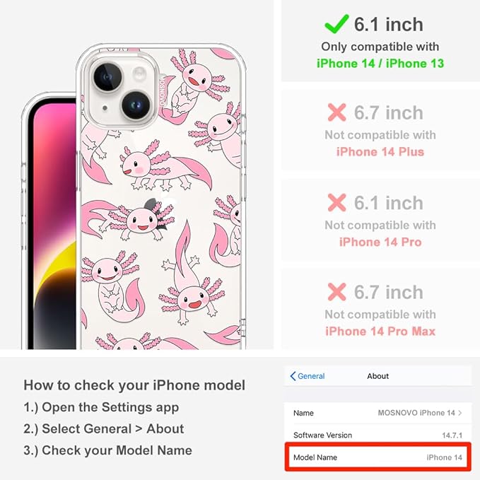MOSNOVO for iPhone 13/14 Case | Military Grade 6.6ft Drop Tested | Clear with Pink Axolotl Design