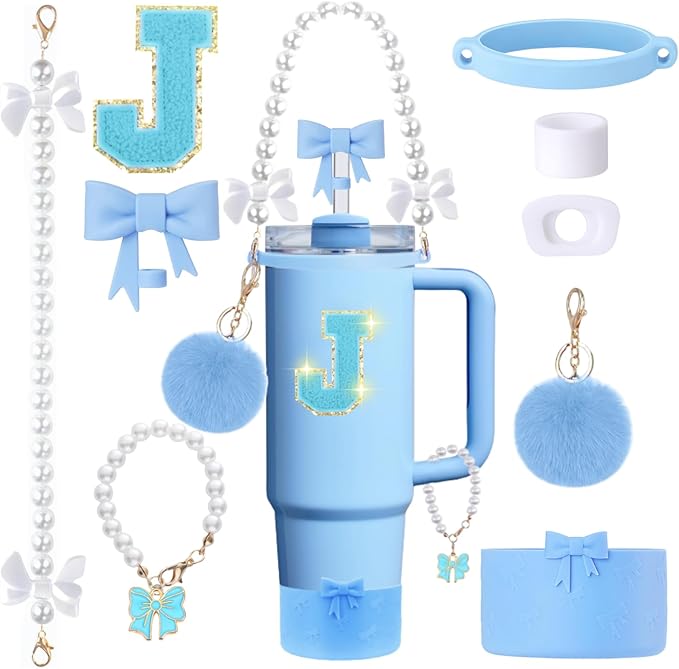 9pcs Stanley Cup Accessories Set- for 30oz 40oz Tumblers with Handle - Bule Kit Includes Bow Straw Topper and Boot, Charm, Pearl Handle Strap & Stickers - Aesthetic Girl Gifts (J)