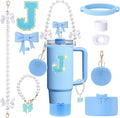 9pcs Stanley Cup Accessories Set- for 30oz 40oz Tumblers with Handle - Bule Kit Includes Bow Straw Topper and Boot, Charm, Pearl Handle Strap & Stickers - Aesthetic Girl Gifts (J)