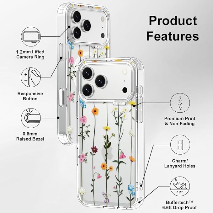 MOSNOVO for iPhone 17 Pro Max Case | Military Grade 6.6ft Drop Tested | Camera Control | Clear with Wildflowers Design