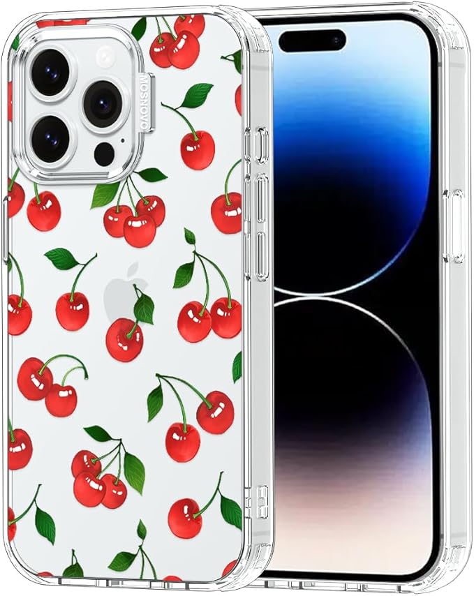 MOSNOVO Case for iPhone 14 Pro Max, [Buffertech 6.6ft Military-Grade Drop Protection] [Anti Peel Off Tech] Clear TPU Bumper Phone Case Cover Design - Cute Cherry