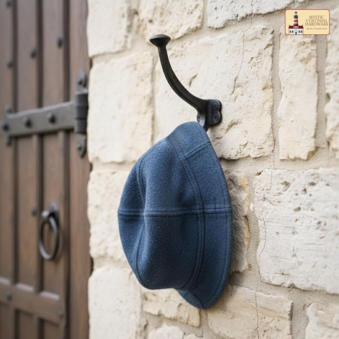 Mystic Colonial Rustic Medieval Cast Iron Wall Hooks (Set of 2) | (4 in x 3 in) Vintage Black Finish Double Coat & Hat Hook Hangers | Heavy-Duty Hook for Farmhouse, Gothic & Modern Spaces